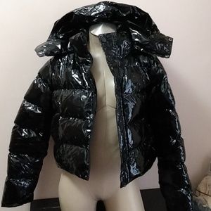 Current Mood Shiny Wet Black Patent Leather Hooded Cropped Puffer Bubble Jacket